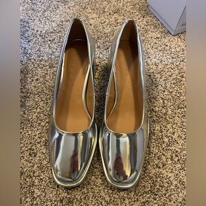 AEROSOLES Metallic Silver Square-Toe Ballet Wedges